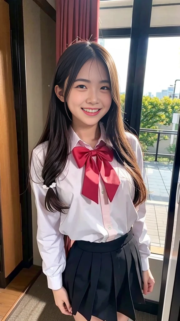 (masterpiece:1.2), japanese, (18 years old), (a girl),  ((collared shirt)), (skirt), smiling, bedroom, thighs, ((baby face)), (bow tie), hair bun, (round eyes), 