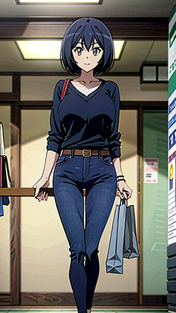 Kanade sakurada, black hair, short hair, green eyes, orange shirt, v neck shirt, longe sleeve, blue jeans, large breast, brown shoes, full boody, smiling, belt, shoping center, indoors, shopping bag, 