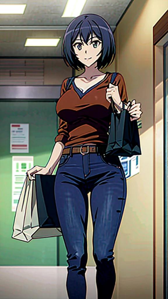 Kanade sakurada, black hair, short hair, green eyes, orange shirt, v neck shirt, longe sleeve, blue jeans, large breast, brown shoes, full boody, smiling, belt, shoping center, indoors, shopping bag, 