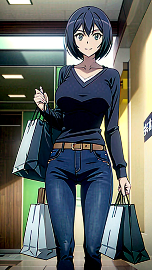 Kanade sakurada, black hair, short hair, green eyes, orange shirt, v neck shirt, longe sleeve, blue jeans, large breast, brown shoes, full boody, smiling, belt, shoping center, indoors, shopping bag, 