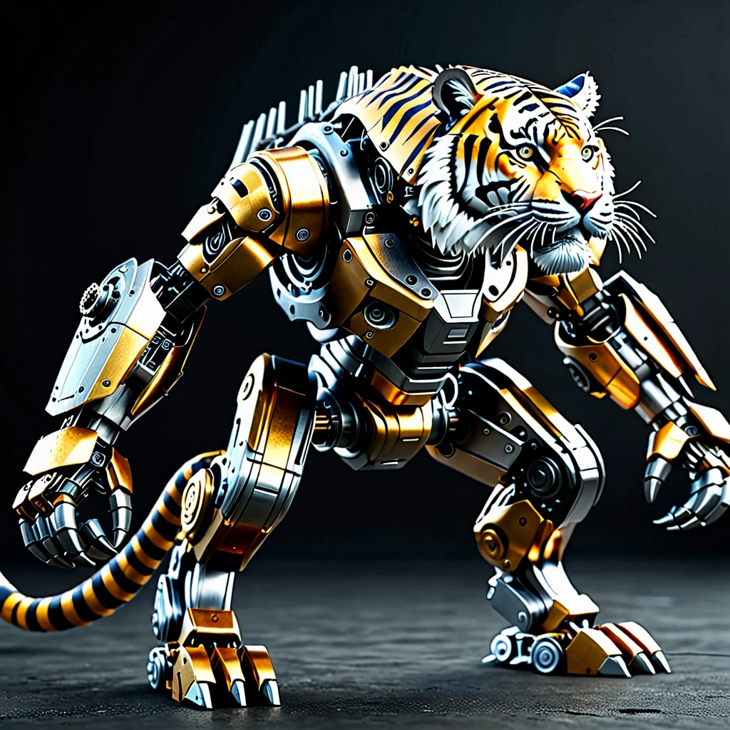 - Highly detailed mechanical tiger robot with automail-inspired limbs, exposed gears and pistons, metallic surfaces, equipped with multiple weapons, simple studio background, ((Masterpiece)), ((Best Quality)), (Very Detailed), ((Very Detailed)), 4K, (8K), very aesthetic, absurdres highres,