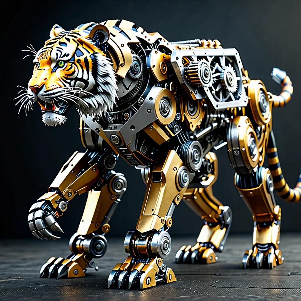 - Highly detailed mechanical tiger robot with automail-inspired limbs, exposed gears and pistons, metallic surfaces, equipped with multiple weapons, simple studio background, ((Masterpiece)), ((Best Quality)), (Very Detailed), ((Very Detailed)), 4K, (8K), very aesthetic, absurdres highres,