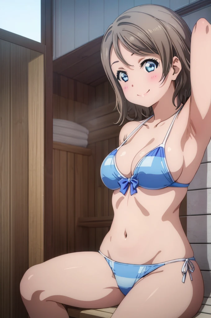 (((pixel-perfect, detail-perfect))), solo, 1girl, you watanabe, eyes azzur, smile, bikini, sauna, armpit, big filesize, ultra High Qality