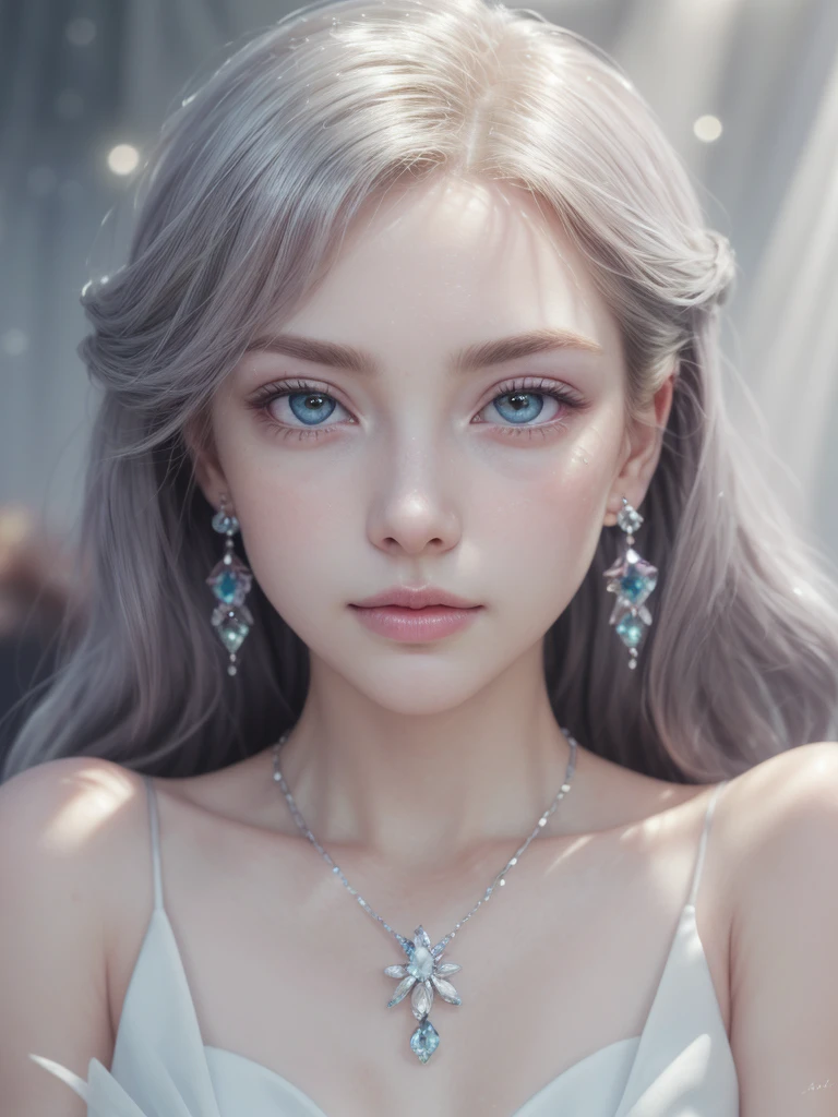 masterpiece, highest quality, figure, alexandrite eyes and hair, platinum earrings, Platinum Necklace, white dress, The Little Mermaid, cute, (dynamic lighting:1.2), cinematic lighting, delicate features, fine eyes, sharp pupils, realistic student, Depth of bounds written, Bokeh, sharp focus, (very detailed, bloom, shine:1.4), Many Small Gems
