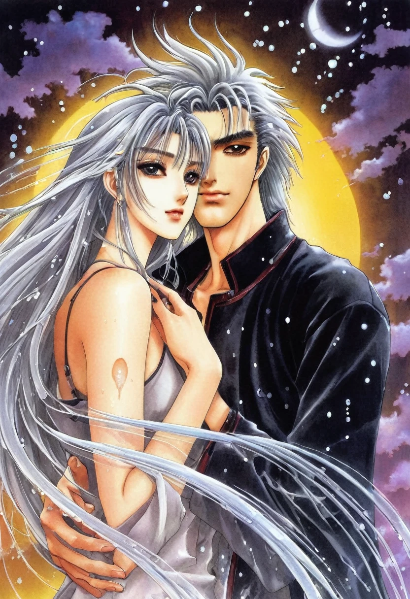 An ethereal sultryseductivedemonic 20 year old anime male druid with metallic long hair and tattoos, intimately holding and almost kissing a 20 year old anime male, anime druid demon male hellscape at night, manga inspired by Masashi Wakui, rainbow color palette, atmospheric fog, decay, worn textures, rain-soaked fantasy village, manga-style illustration --s 150 --ar 1:2 --c 5 Removed From Image