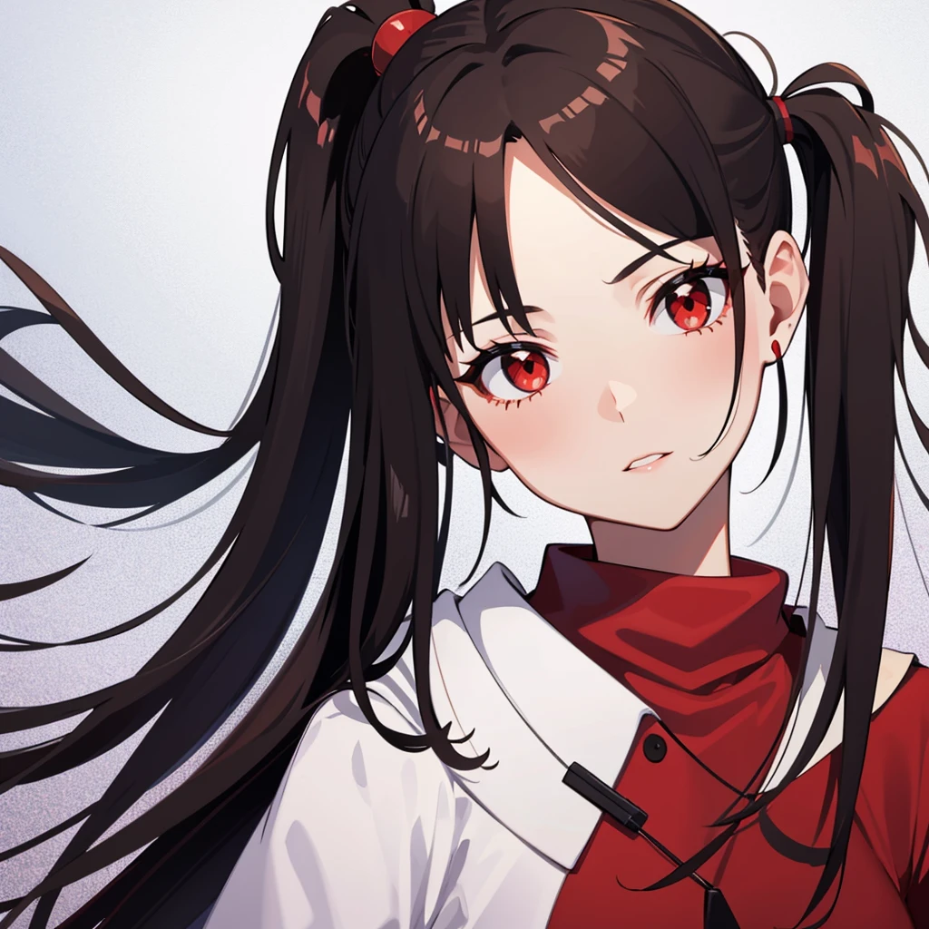 Tall girl Red eyes Dark hair Ponytail with fringe Front face