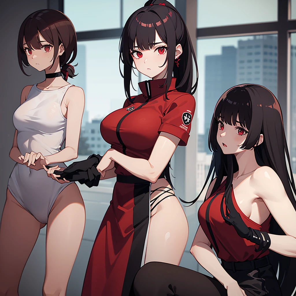 Tall girl Red eyes Dark hair Ponytail with fringe Front face