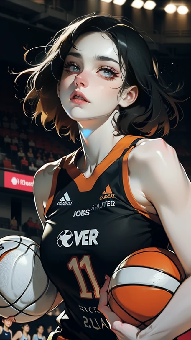 score_9, score_8_up, score_7_up WNBA, (Caitlin Clark), Tall White Pale Skinny Girl, Thin, Black-Hair, hair pulled back, blue eyes, Emaciated face, wnba "Fever" jersey, well lite basketball court, detailed background, hyper realistic, game face, big eyes, ultra tall thin Caitlin Clark,