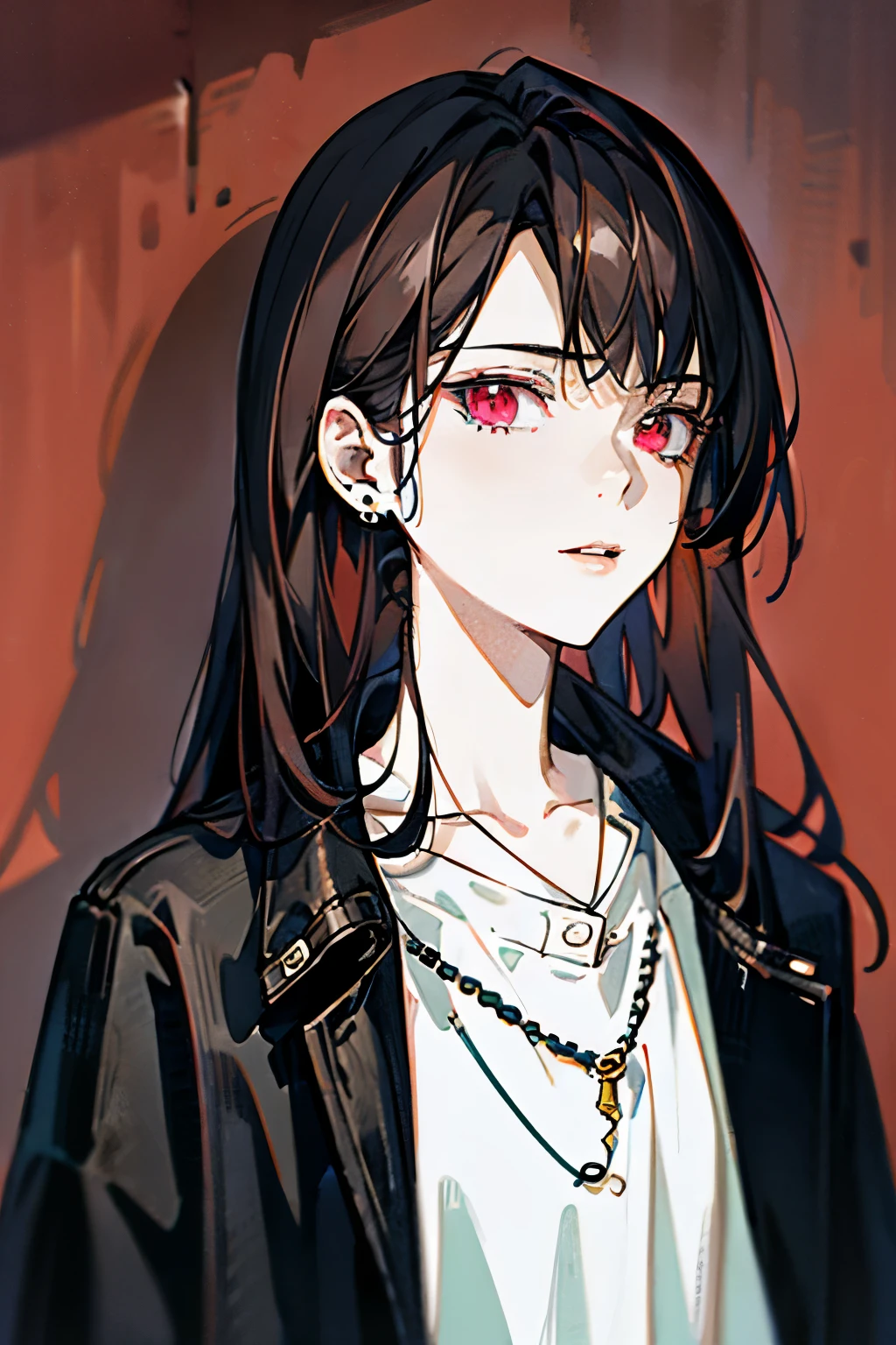 1 girl， （face close up， the masterpiece， Best quality：1.2）， 8 k，(1 girl, upper body:1.7), masterpiece, Best quality, 8 k, absurdity, Beautiful face, flight jacket, perspective, depth of field, from below, metal signs, building, damaged paint on the wall, dirty and cracked concrete wall, cable wires, dusty, Road, slim, HDR, (Bypassing bleach, ginnokose:0.8), face light, Cinematic lighting, professional lighting, high contrast, sharp focus, A high resolution, Photo, hyperrealistic, ultra detailed, sharp detailed, small parts，official art， Hoang Lap， Gothic， Leather jacket with studs and necklace， pierced earrings， （smokey red eye shadow with glitter， Glazed pink red lip：0.9）， very dark red background， HDR， face light， hyperrealistic， A high resolution， Photo， detailing， color difference， sharp focus， HDR， face light source， dynamic lighting， Cinematic lighting， Professional shadows， dark shadow， highest detail，Very detailed，hyperdetailing，small parts，real leather，Exquisite facial features，detailed faces and eyes，brave students，realistic student，（Brunette hair color：1.4）