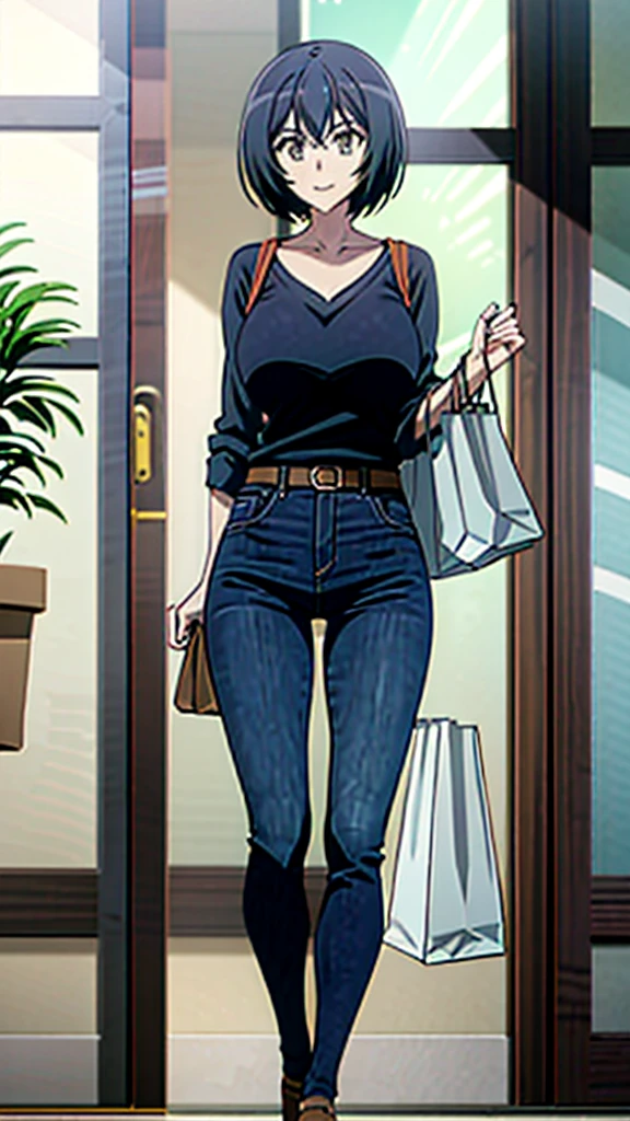 Kanade sakurada, black hair, short hair, green eyes, orange shirt, v neck shirt, longe sleeves, blue jeans, large breast, brown shoes, full boody, smiling, belt, shoping center, indoors, shopping bag, 