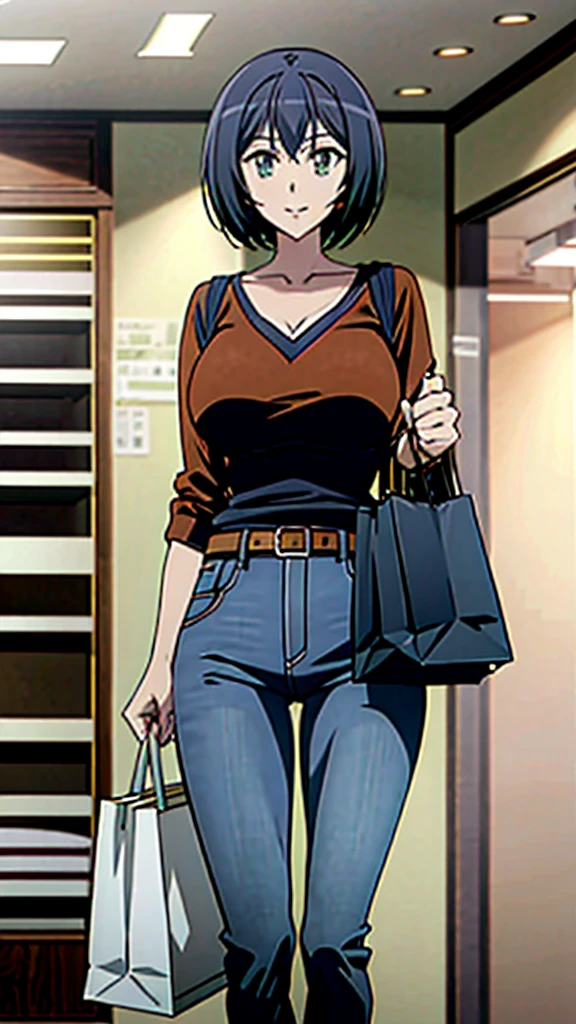 Kanade sakurada, black hair, short hair, green eyes, orange shirt, v neck shirt, longe sleeves, blue jeans, large breast, brown shoes, full boody, smiling, belt, shoping center, indoors, shopping bag, 