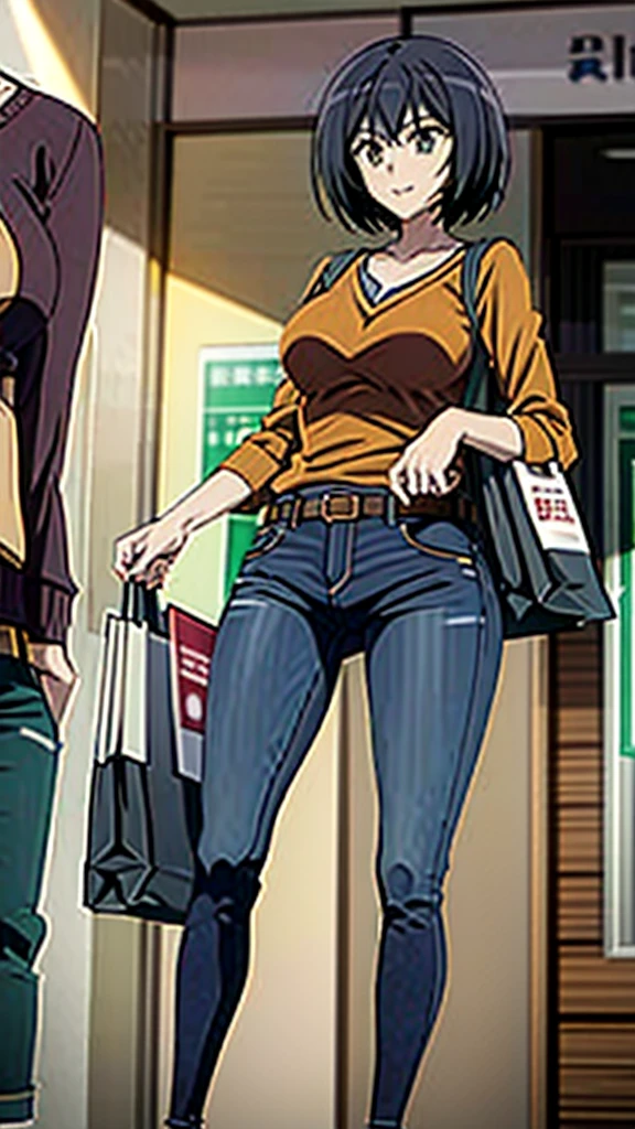 Kanade sakurada, black hair, short hair, green eyes, orange shirt, v neck shirt, longe sleeves, blue jeans, large breast, brown shoes, full boody, smiling, belt, shoping center, indoors, shopping bag,