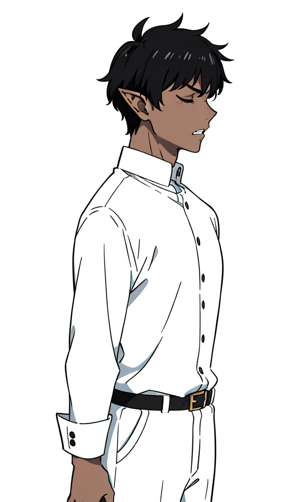 (1boy,,solo),((dark skin)),white rural shirt,long sleeves,Short hair,black hair,elf ears,(horns),(white background,line drawing),teeth,closed eyes,angry,profile,