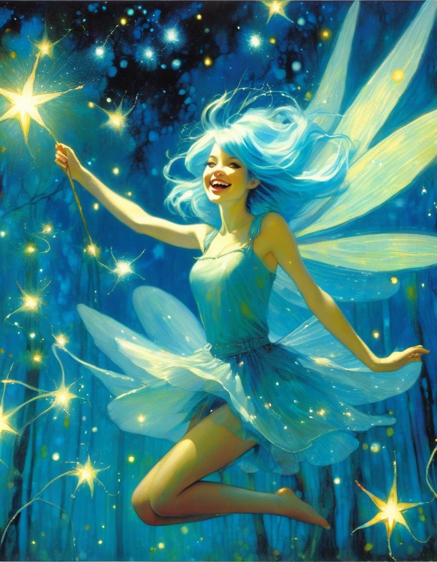 (((best quality))), (((fairy girl))), (((1girl))), (((There is a sense of dynamism))), (((flying towards here))), (((Light blue hair))), (spring in the forest), (((star night))), full body, shoot from front, smile, open mouth ,OuterWorldAI,fireflies,night sky, (art inspired by Bill Sienkiewicz). oil painting)

