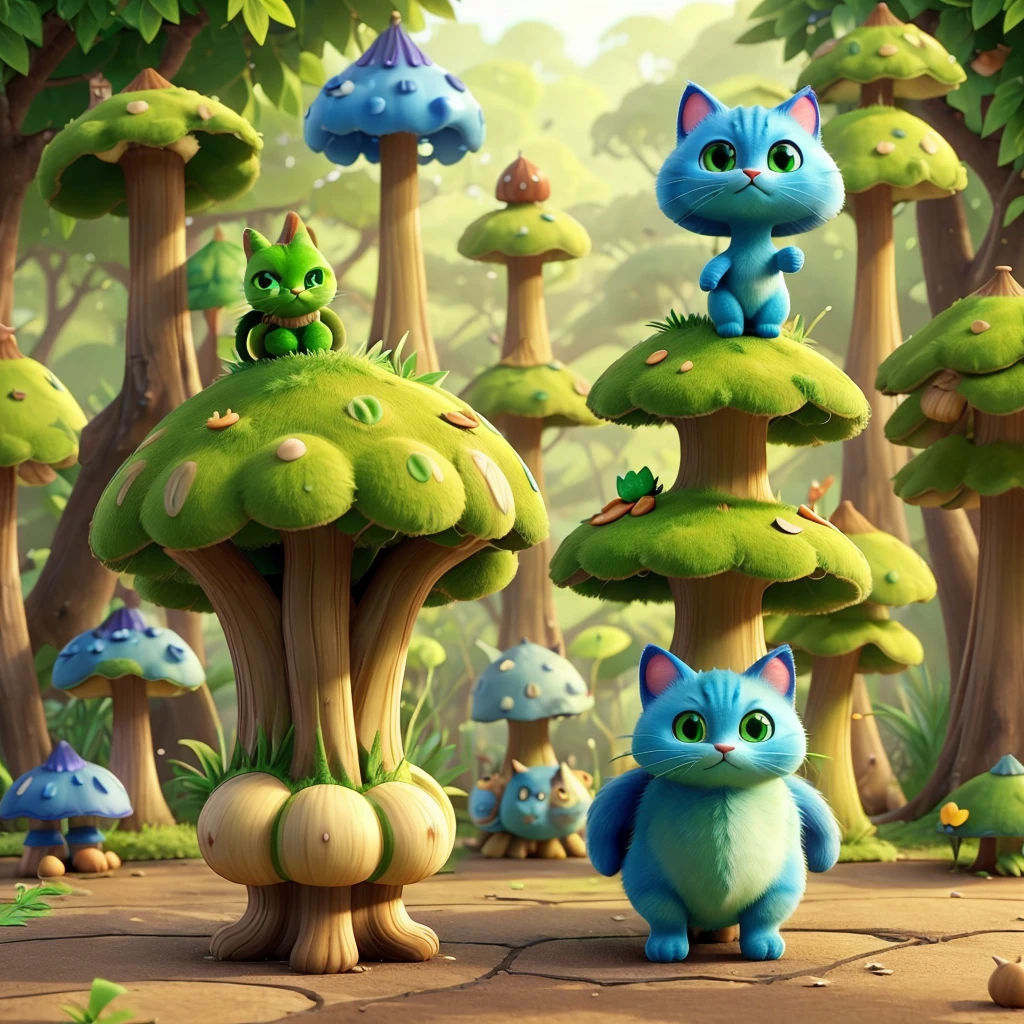 After the cat ate green poisonous mushrooms，Turned into a poisonous mushroom cat。Cat wears matcha green poisonous mushroom on its head。 Its body and legs are shaped like poisonous mushrooms，body becomes round，The legs also become shorter，But without losing the cat’s hair。 The eyes become too round and too，A green one，Another sapphire blue。