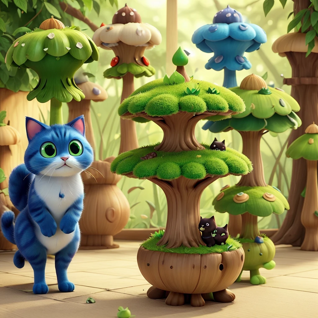 After the cat ate green poisonous mushrooms，Turned into a poisonous mushroom cat。Cat wears matcha green poisonous mushroom on its head。 Its body and legs are shaped like poisonous mushrooms，body becomes round，The legs also become shorter，But without losing the cat’s hair。 The eyes become too round and too，A green one，Another sapphire blue。