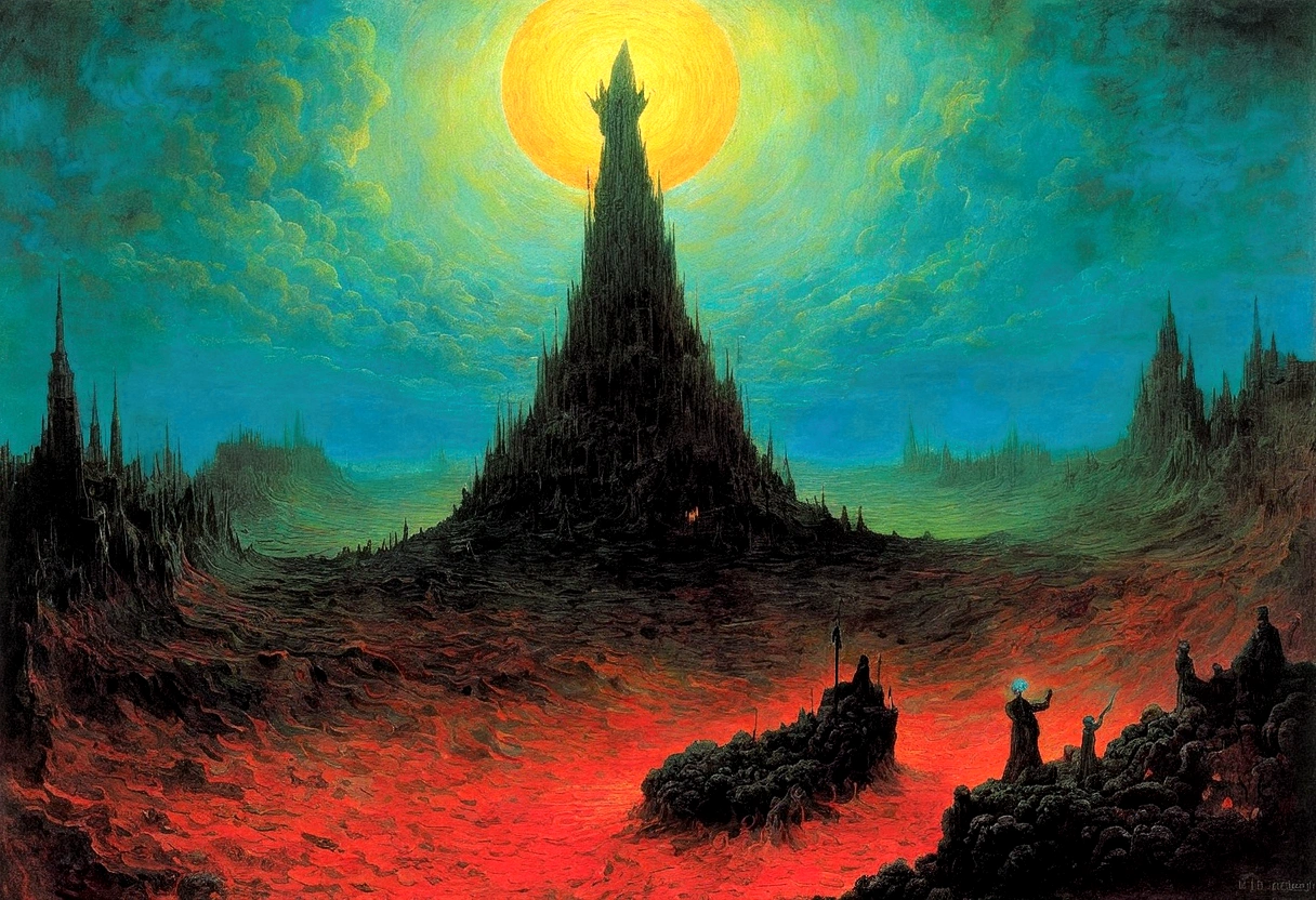 Mythical creatures, author:Zdzislaw Beksiński and Vincent Van Gogh, Album cover, romantic, Surrealism, Futuristic ,Smiling Corpse, Coral, Wizard, Abstracted, dark, landscape