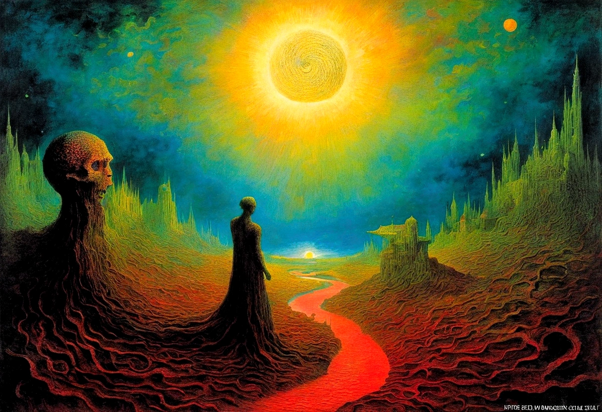 Mythical creatures, author：Zdzislaw Beksiński and Vincent Van Gogh, Album cover, romantic, Surrealism, Futuristic ,Smiling ??????, Coral, Wizard, Abstracted, dark,  landscape