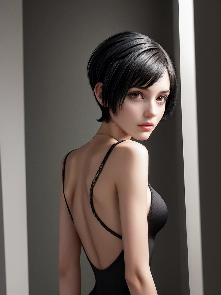 woman black hair slender body looking into the camera short hair