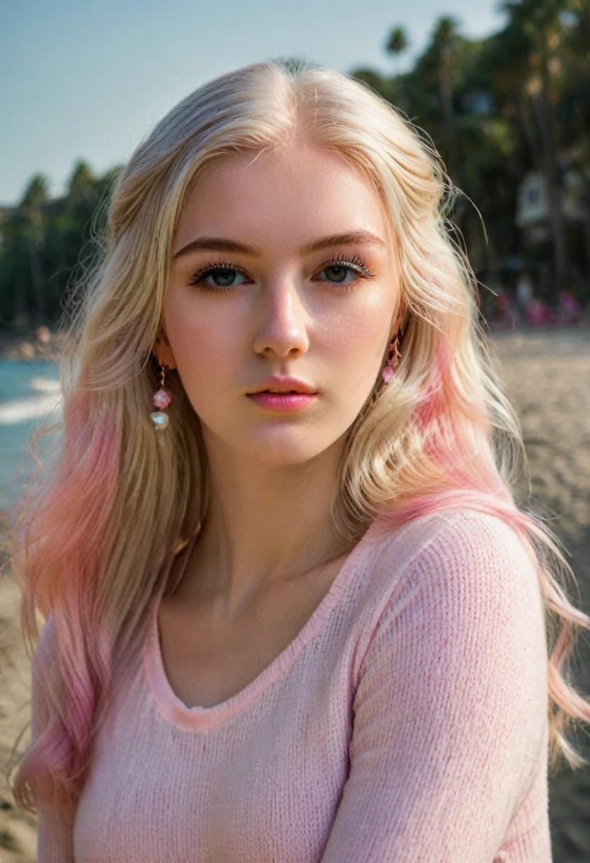 A photorealistic portrait of a 21 year old blonde with long white and pink hair and striking dark eyes. It should have a natural, approachable expression and be lit by soft golden sunlight. The background should be a picturesque outdoor setting, perhaps a sunny park or beach. Capture this image with high-resolution photography using an 85mm lens for a flattering perspective. she is in beach
