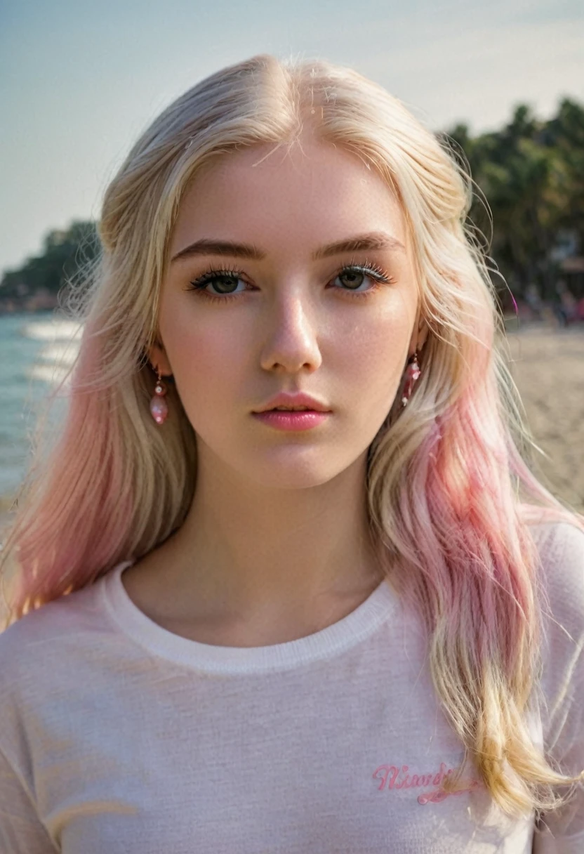 A photorealistic portrait of a 21 year old blonde with long white and pink hair and striking dark eyes. It should have a natural, approachable expression and be lit by soft golden sunlight. The background should be a picturesque outdoor setting, perhaps a sunny park or beach. Capture this image with high-resolution photography using an 85mm lens for a flattering perspective. she is in beach
