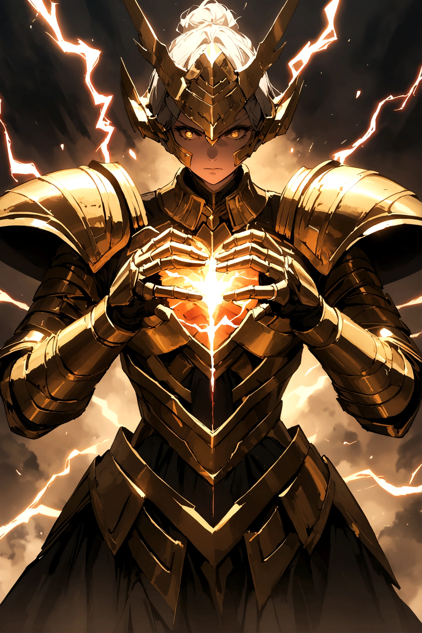 A black and gold armor madeof ancient technology and magic with red lightning and energy in its chest and hands