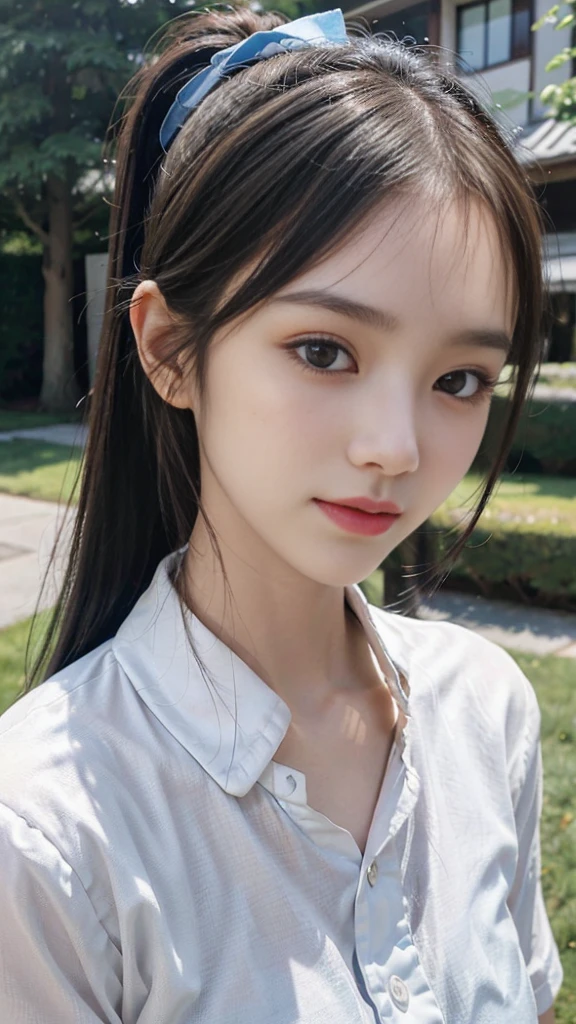 Black underwear shows through the white T-shirts,jeans,outdoors,Urban Park,On the lawn,Close up face,One woman,masutepiece, The highest image quality, High quality, the background is clear,Beautiful woman, Japanese, Detailed, Detailed eyes, Detailed skin, Beautiful skin, 超hight resolution, (reality: 1.4),Very beautiful woman, Slightly younger face, Beautiful skin, slender, (Ultra photo realsisim), (hight resolution), (8K), (Very detailed) (beautifully detailed eyes), (super detailed), (Detailed face), view the viewer, Fine details, Detailed face, Staring straight ahead, Staring straight ahead, photos realistic, Bright lighting, Professional Lighting, Black hair,poneyTail,a baby face,fourteen years old,Hairstyle: ponytail,Long ponytail hairstyle,slight smile,neat and tidy clothing,Beautiful Japanese KPOP idol photo, hair style is ponytail, my eyes are double and wide, baby face, smile and look straight ahead, slender, small breasts,Close up face,