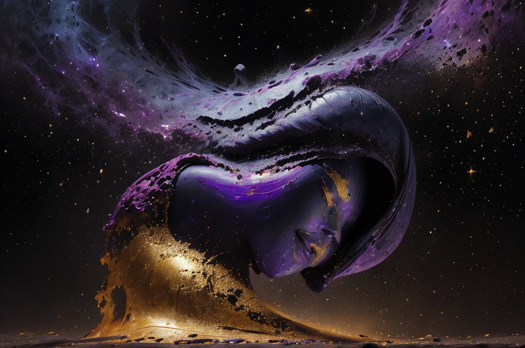 (body, formed by purple-colored galactic liquid and black metallic paint, forming a beautiful interpretation of the female figure.), natural,((complex galactic metallic colors in the foreground)), (( fluid mechanics, the most beautiful smooth face makeup, Grinning facial expression)) - red, black and gold, Onyxia, metallic color palette g0s1