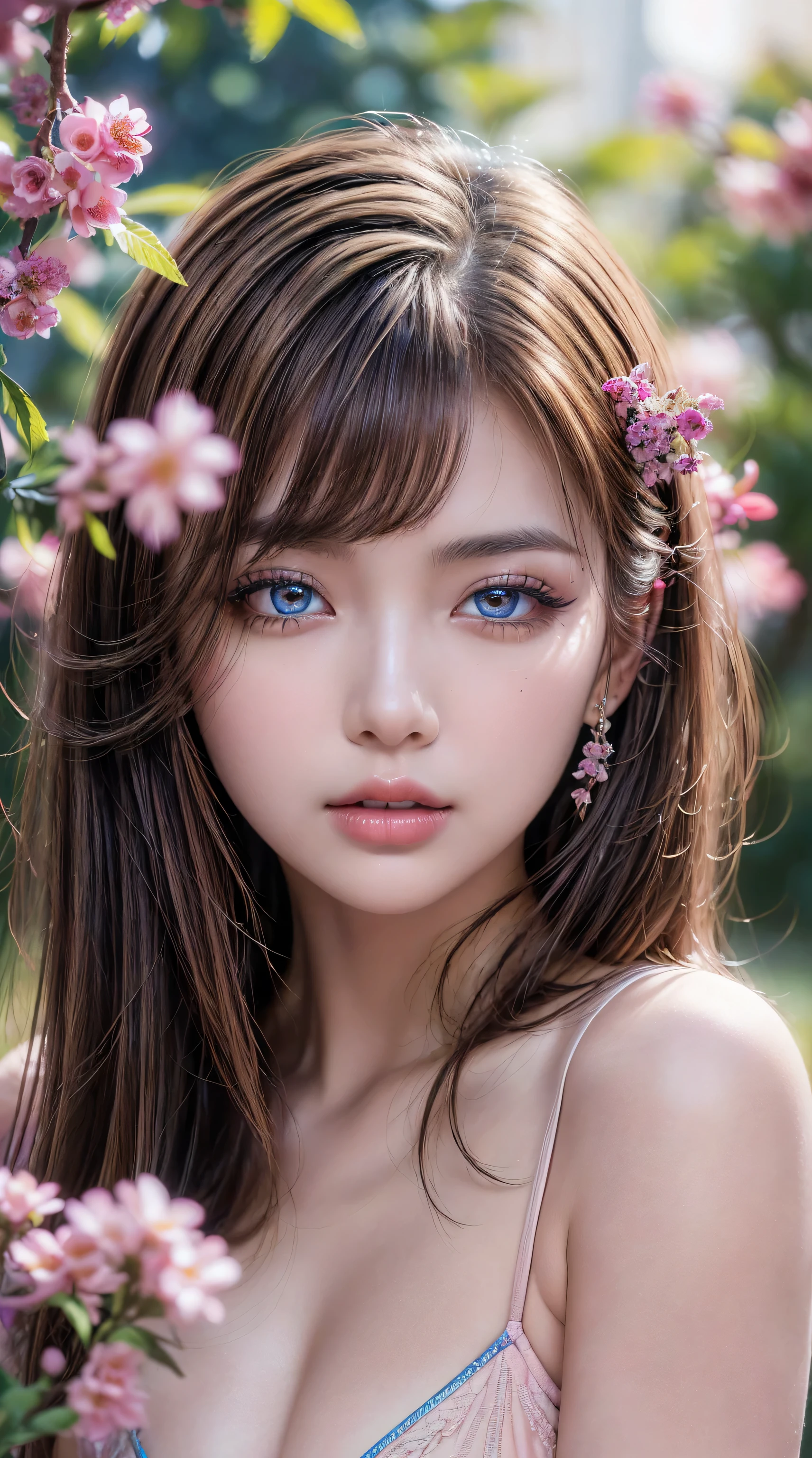 ((Photo from upper body to thigh: 1.4)), (ultra details, ultra resolution, portrait: 1.25), ((best soft studio lighting: 1.2)), (1girl: 1.3, 22 years), photorealistic Realism 16K Quality, ultra resolution, (high quality skin with realistic texture), (high quality hair with realistic texture), ((brown hair, (combed on one side), ultra detailed)), ((perfect proportions)),((anatomically correct)), (firm and full breasts), (intricately detailed beautiful face), (light pale complexion), (intricately detailed beautiful face), (light pale complexion) BREAK ((ultra absurd quality, extremely detailed detail, ultra resolution, clear sharp focus, not blurry, (Realistic brown_eyes:1.3))), perfect dark_eyeshadows:1.2, super Detailed, beautiful little nose,  (blue, red, pink, flower clusters: 1.6532), (looking at viewer) Deep view, (lights:1.1), (flower clusters: 1.6532) (iridescence holographic Clothing:1.3)