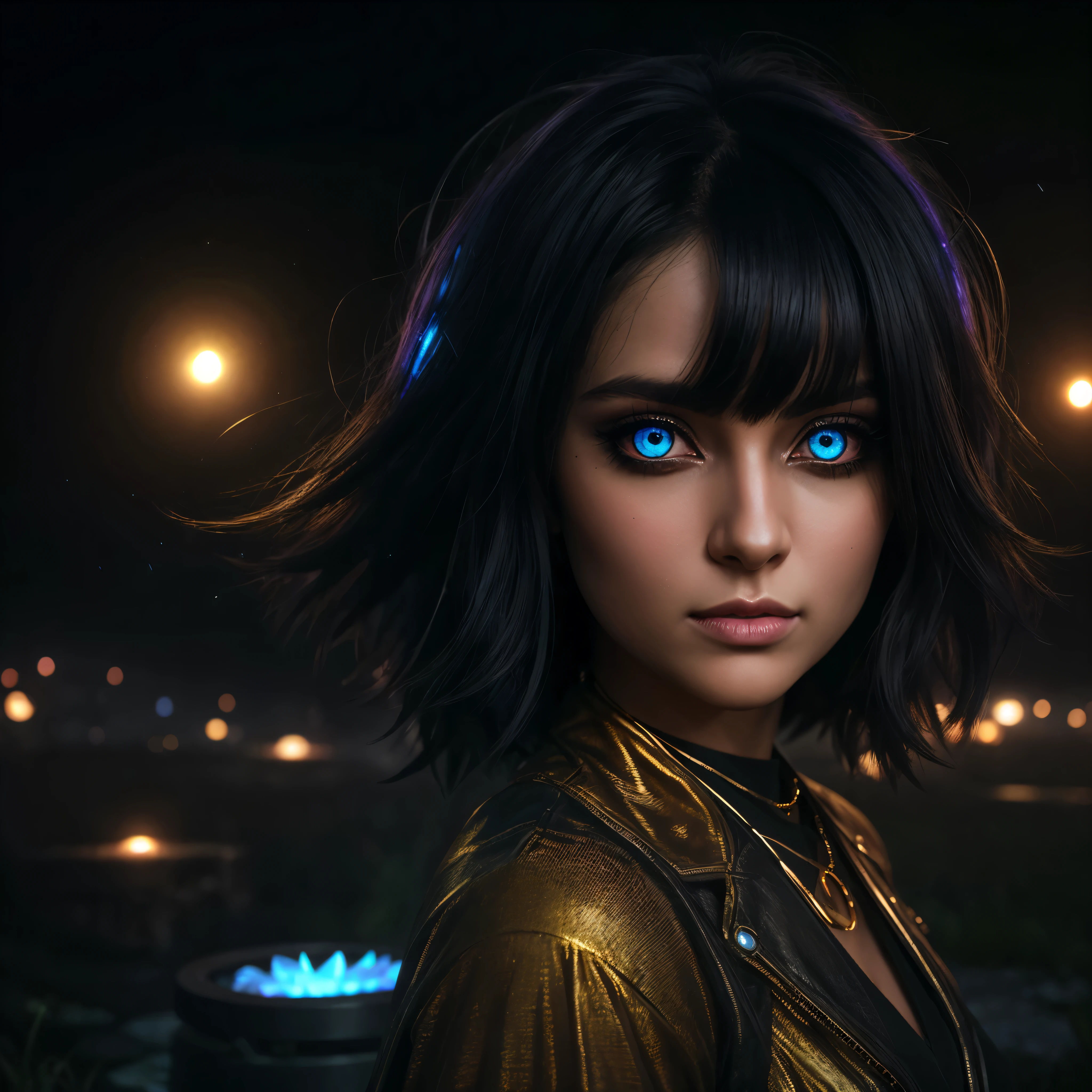 +(((HDMI, HDRI, UDHD))),((Njj 3d)+(Njj modern anime)), night, rain, cemetery, 1 woman, punk rock style clothes, black leather jeans, chains, sneakers, ( (neon iris lighting) 1.1), (eyes emit a magical glow 1.1), ((detailed beautiful eyes) 1.1)), lighting: ((light source full moon))), (((bioluminescence halo light effect Aura focuses on hair))), light falling from above, close-up, bright colors, high quality, extreme detail, blur, depth of field, blurred foreground, looking into the camera, The image had to have an overall sense of mysticism and otherworldliness., with even more number of fantasy elements. (perfect details: 1.1), (beautiful and clear background: 1.2), (extremely detailed CG, ultra detailed, best shadow: 1.1), (finely detailed beautiful eyes), (full-length 1.1), ((fairy fog effect)) , ((ultrasound wave effect)), ((golden rays)), ((abnormal air vibration))., 3D, digital art, on a solid color black background