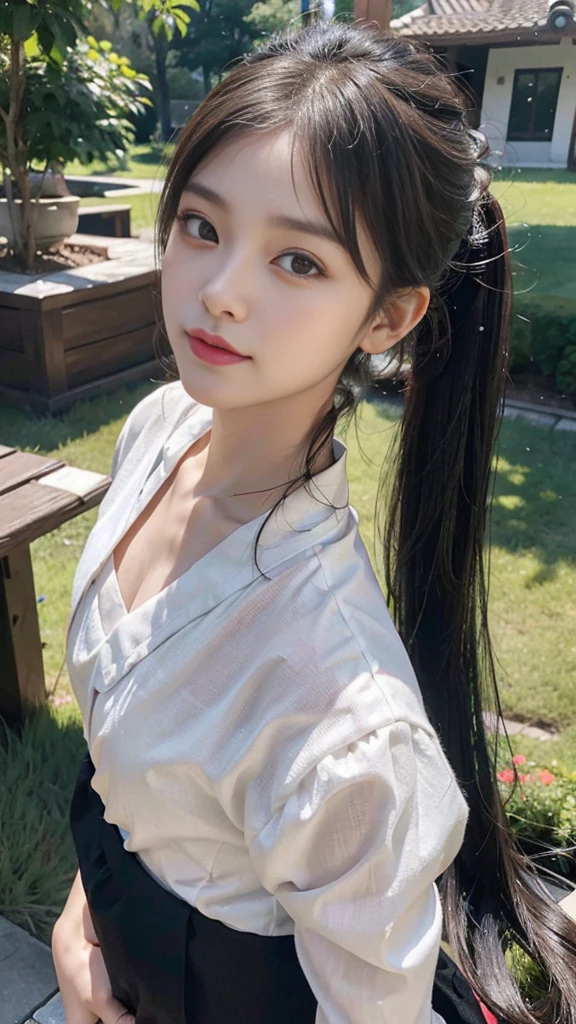 collared dress,Park,On the lawn,Close up face,One woman,masutepiece, The highest image quality, High quality, the background is clear,Beautiful woman, Japanese,Ultra-detailed, finely detail, hight resolution, 8K Wallpaper, Perfect dynamic composition, Beautiful detailed eyes , Detailed, Detailed eyes, Detailed skin, Beautiful skin, 超hight resolution, (reality: 1.4),Very beautiful woman, Slightly younger face, Beautiful skin, slender, (Ultra photo realsisim), (hight resolution), (8K), (Very detailed) (beautifully detailed eyes), (super detailed), (Detailed face), view the viewer, Fine details, Detailed face, Staring straight ahead, Staring straight ahead, photos realistic, Bright lighting, Professional Lighting, Black hair,poneyTail,a ,fourteen e: ponytail,Long ponytail hairstyle,slight smile,neat and tidy clothing,Beautiful Japanese KPOP idol photo, hair style is ponytail, my eyes are double and wide, baby face, smile and look shead, slender, small breasts,Close up face,