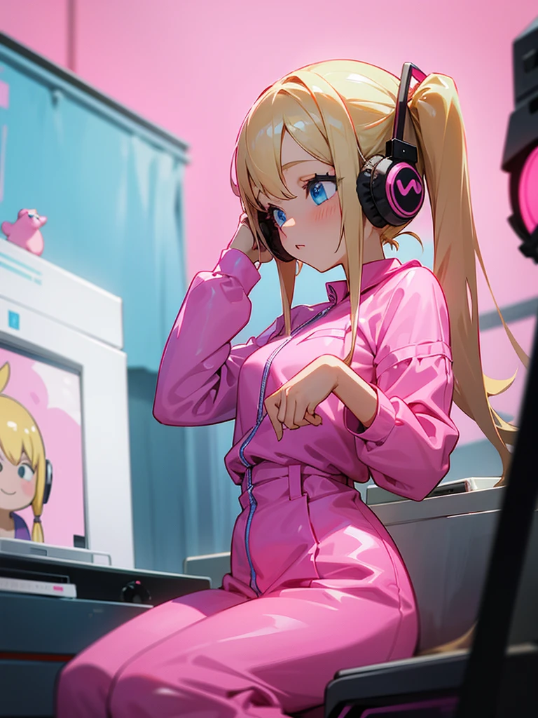 1 girl, two pigtails falling over her shoulders with pink rubber bands, blond hair, blue eyes, wearing a pink jumpsuit dress, in her room, listening to music, with headphones 