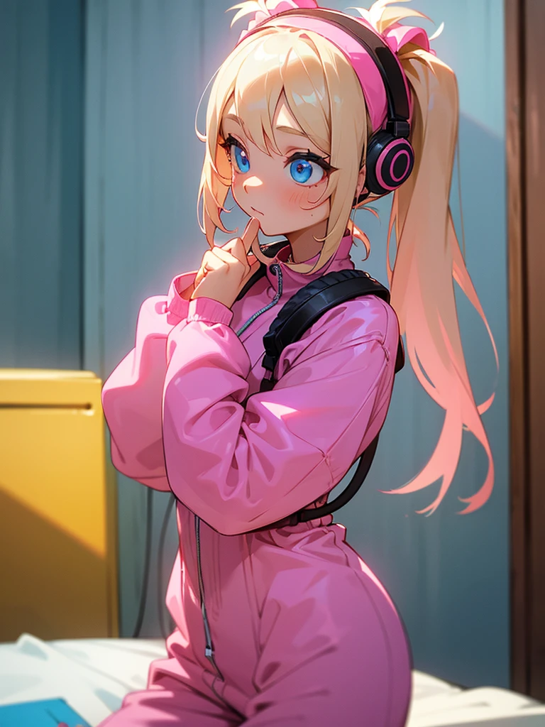 1 girl, two pigtails falling over her shoulders with pink rubber bands, blond hair, blue eyes, wearing a pink jumpsuit dress, in her room, listening to music, with headphones