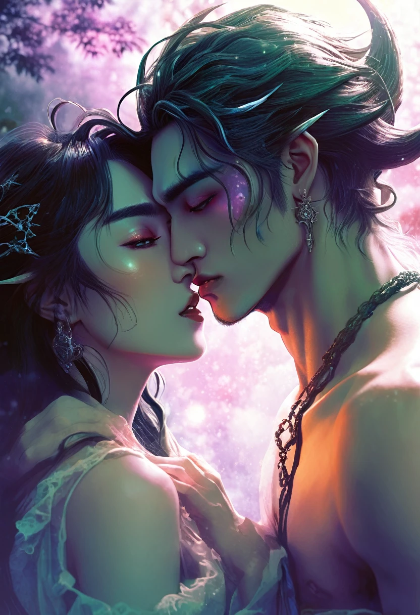 An ethereal sultryseductivedemonic 20 year old anime male druid with metallic long hair and tattoos, intimately holding and almost kissing a 20 year old anime male, anime druid demon male hellscape at night, manga inspired by Masashi Wakui, rainbow color palette, atmospheric fog, decay, worn textures, rain-soaked fantasy village, manga-style illustration --s 150 --ar 1:2 --c 5 Removed From Image