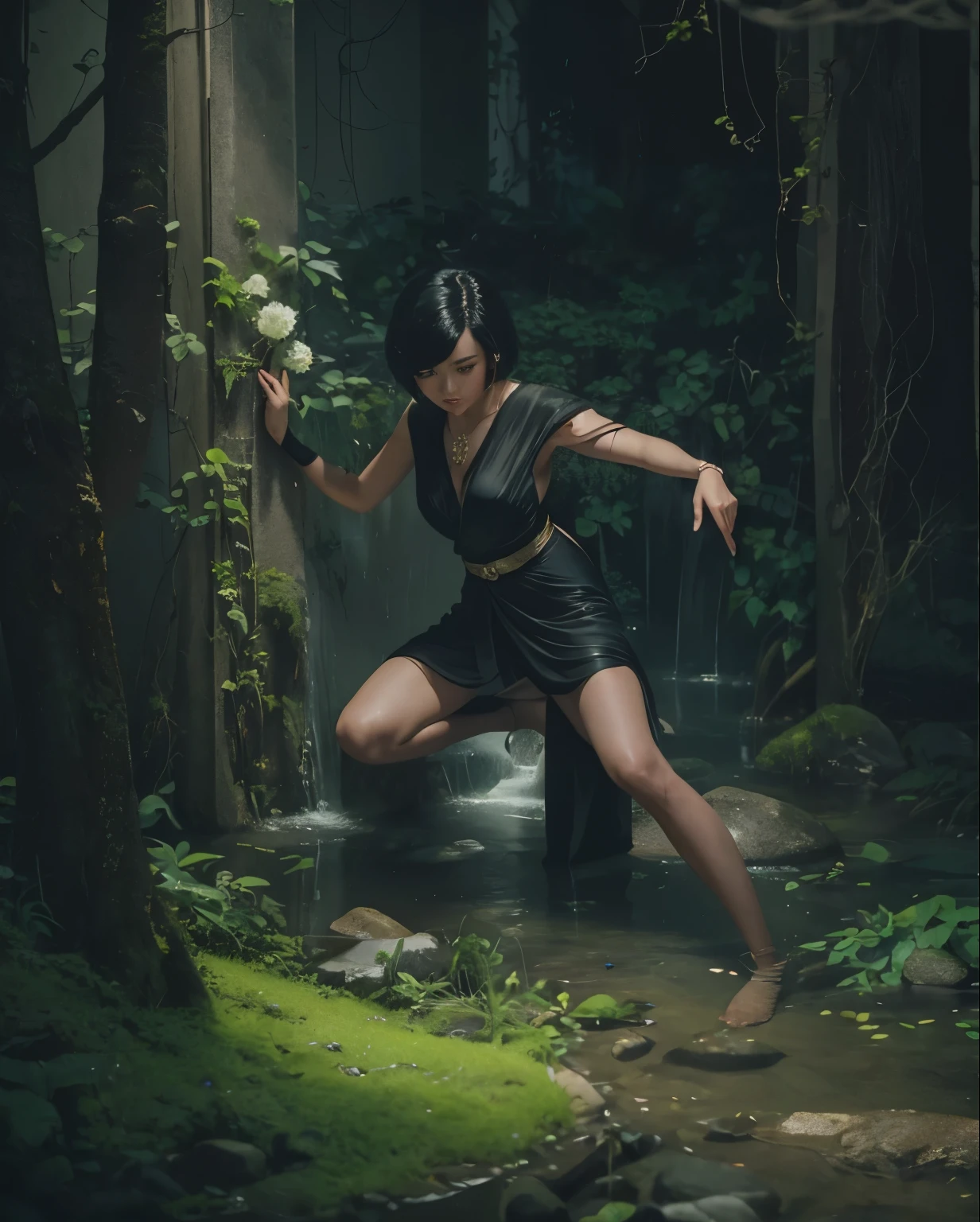 (Best quality, 8k, 32k, Masterpiece, UHD:1.2) "Generate a captivating artwork featuring a young Japanese girl model with short, sleek black hair styled in a chic bob haircut. Envision her bathed in dramatic cinematic lighting, creating an atmosphere of allure and mystery. Emphasize a romantic aesthetic vibe, showcasing the model in a poised and elegant pose that evokes a sense of intimacy and sophistication. Utilize warm and soft tones to enhance the romantic ambiance, and consider incorporating elements like flowing fabrics or flowers to add a touch of ethereal beauty. Capture the essence of romance and beauty through the model's expression, the play of light and shadows, and the overall aesthetic, creating a visually compelling and emotionally resonant piece." (perfect eyes), flawless skin, flawless face, cinematic, tight body, ((well-proportion female hands)), ((female hands with five digits))