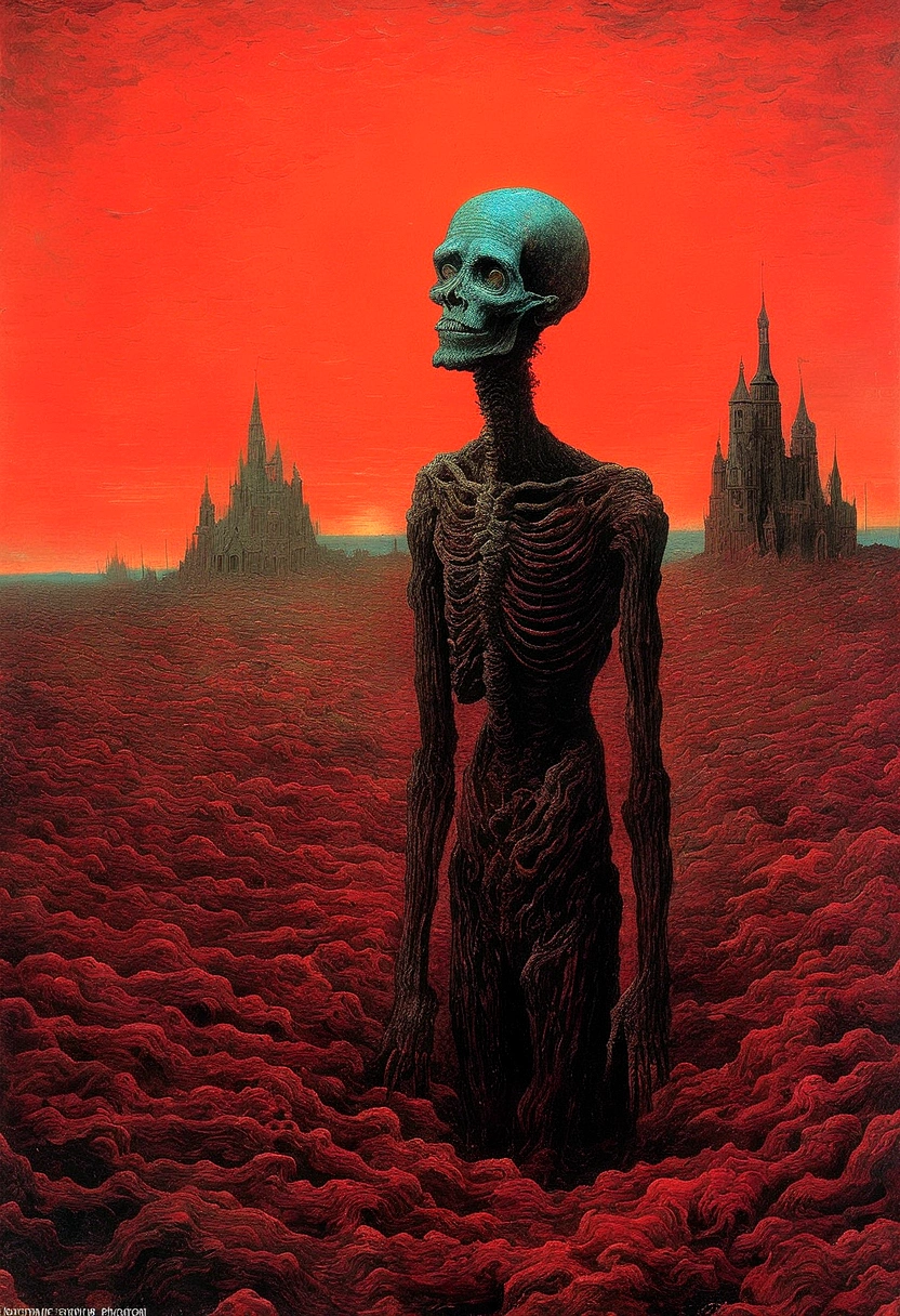 Mythical creatures, author：Zdzislaw Beksiński and Vincent Van Gogh, Album cover, romantic, Surrealism, Futuristic ,Smiling Corpse, Coral, Wizard, Abstracted, dark, red, landscape