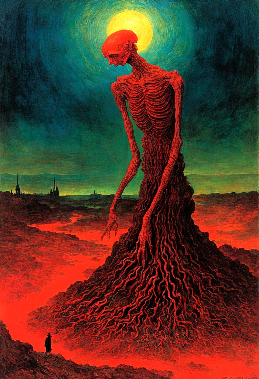 Mythical creatures, author：Zdzislaw Beksiński and Vincent Van Gogh, Album cover, romantic, Surrealism, Futuristic ,Smiling Corpse, Coral, Wizard, Abstracted, dark, red, landscape