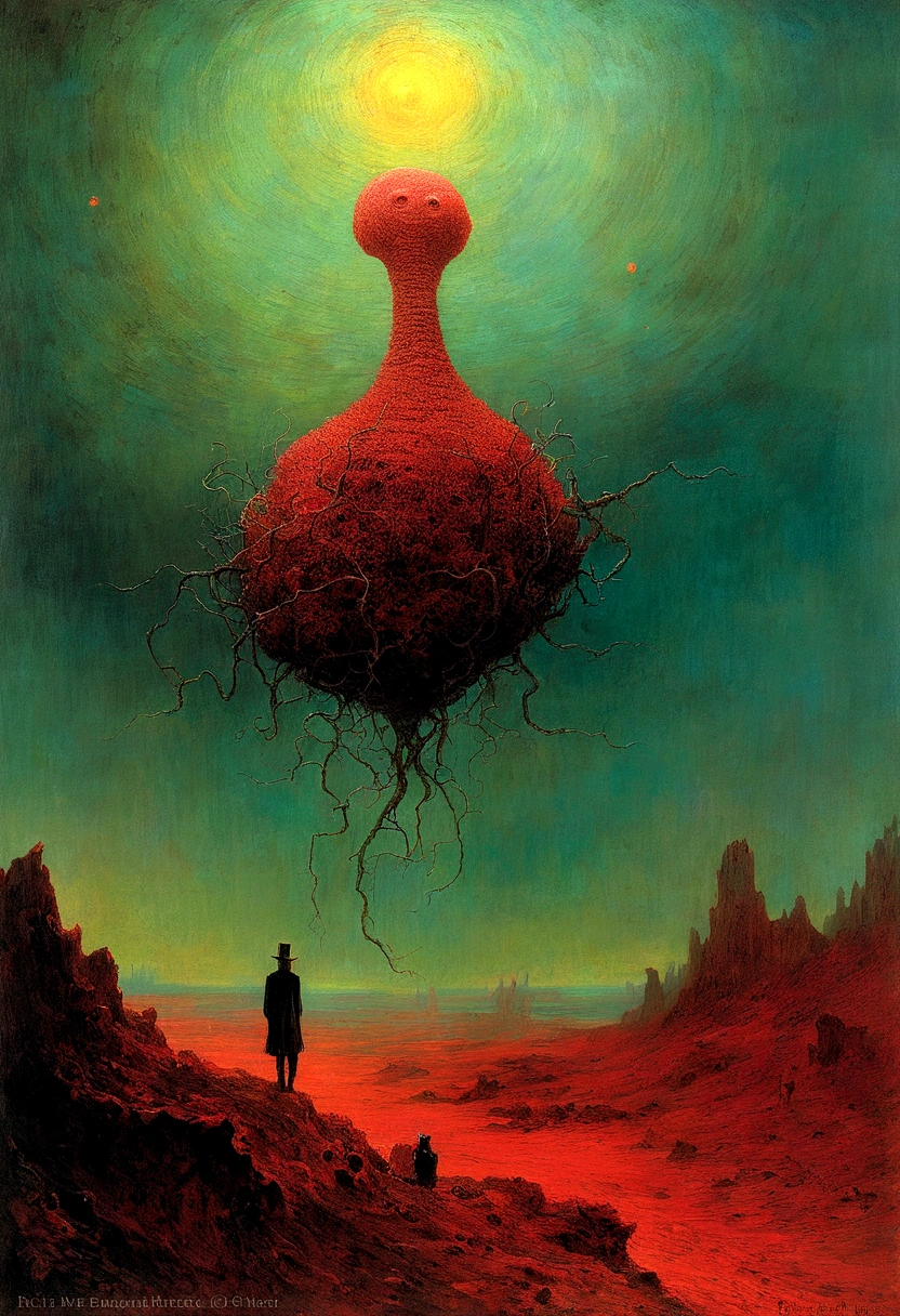 Mythical creatures, author：Zdzislaw Beksiński and Vincent Van Gogh, Album cover, romantic, Surrealism, Futuristic ,Smiling Corpse, Coral, Wizard, Abstracted, dark, red, landscape