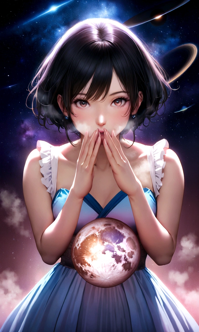 magazine、scoop、A Goddess Bigger Than a Small Earth、Neat、Pure white long dress、Hold the Earth in your hand and bring it to your mouth、universe space、Sexy pose、Small breasts、Realistic、Magazine Cover、anime、リアルanimeスタイル、short hair、Black Hair、Cute woman、Beauty、model、Portrait、Steamy、steam、Japanese Idol、20th Generation、Milky Way、nebula、Mars、Saturn、moon、Spectacular atmosphere、animeキャラクターのポスター