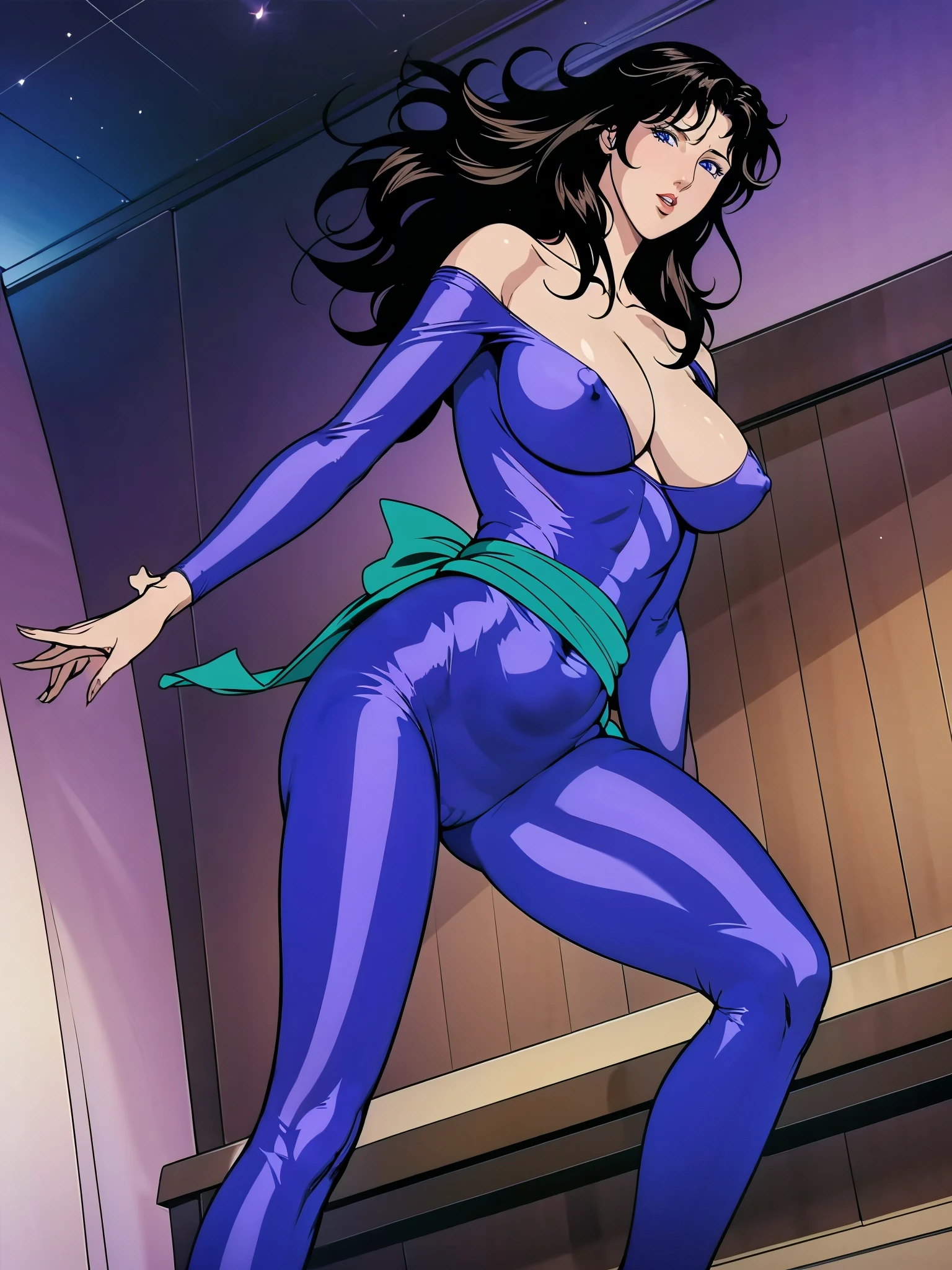 (masterpiece:1.2, Highest quality,Highest quality),(Very detailed),8K,wallpaper,Studio Lighting,Ultra-fine painting,Narrow your focus,Physically Based Rendering,1 female,Beautiful Skin,Shiny skin,Beautiful Hands,Detailed hand drawing,(Shiny costumes),(Wearing a belt around his waist),Sensual,(Hair blowing in the wind),((Night sky and shooting stars)),(((RuiKisugi,1 Female, Long Hair,Wavy Hair,Black Hair,eyelash,blue eyes,lipstick, Purple bodysuit,Bodysuit is torn,Off the shoulder, Green sash))),(((Better Hands))),Large Breasts,Big Hips,Thick thighs,(Long legs:1.2),Cleavage,Mature Woman, Hip Up,Abdominal muscles,((Large Breasts:1.4))、Tight waist,Voluptuous body line,Beautiful legs,Beautiful feet,Long legs,Photograph the whole body,Beautiful feet,Long legs,Thighs open,Nipples visible,The areola is protruding,Voluminous lower body,Thick thighs,Big Ass, 大きなSexy ass, Perfect Body Proportions, Slim waist, Full body photography, 赤いlipstick, Sitting on sofa with legs spread,(Rope Bondage:1.2),((Put your arms behind your back)),Tied up woman,Tied up with rope, Tightly bound, Hands tied, Her body was tied with ropes,Length 180cm,Small face,(Fully expose your thighs to the viewer:1.6),((Amazing orgasm)),Angle from below,(Low angle shot:1.1), sweating, Soft thighs, Shiny thighs, Beautiful Hands, Full body photography, セクシーなBeautiful feet, Pay attention to her beautiful legs, 魅力的なBeautiful feet, Sexy ass, Cleavage,Open the chest,