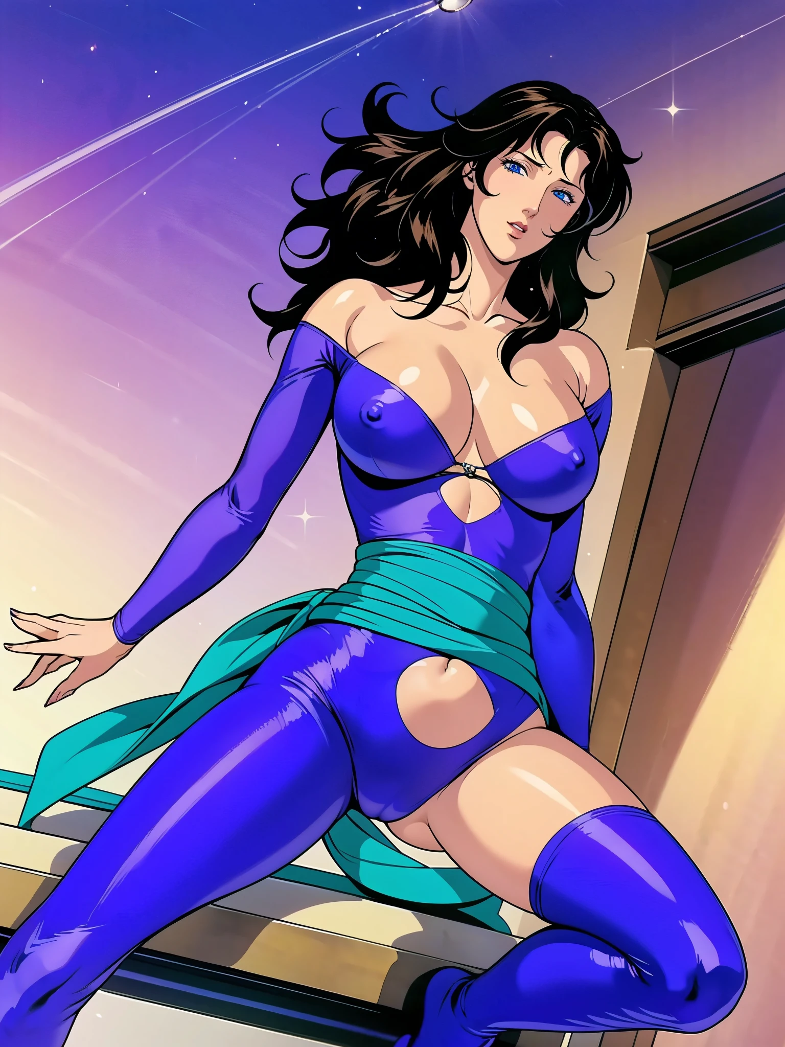 (masterpiece:1.2, Highest quality,Highest quality),(Very detailed),8K,wallpaper,Studio Lighting,Ultra-fine painting,Narrow your focus,Physically Based Rendering,1 female,Beautiful Skin,Shiny skin,Beautiful Hands,Detailed hand drawing,(Shiny costumes),(Wearing a belt around his waist),Sensual,(Hair blowing in the wind),((Night sky and shooting stars)),(((RuiKisugi,1 Female, Long Hair,Wavy Hair,Black Hair,eyelash,blue eyes,lipstick, Purple bodysuit,Bodysuit is torn,Off the shoulder, Green sash))),(((Better Hands))),Large Breasts,Big Hips,Thick thighs,(Long legs:1.2),Cleavage,Mature Woman, Hip Up,Abdominal muscles,((Large Breasts:1.4))、Tight waist,Voluptuous body line,Beautiful legs,Beautiful feet,Long legs,Photograph the whole body,Beautiful feet,Long legs,Thighs open,Nipples visible,The areola is protruding,Voluminous lower body,Thick thighs,Big Ass, 大きなSexy ass, Perfect Body Proportions, Slim waist, Full body photography, 赤いlipstick, Sitting on sofa with legs spread,(Rope Bondage:1.2),((Put your arms behind your back)),Tied up woman,Tied up with rope, Tightly bound, Hands tied, Her body was tied with ropes,Length 180cm,Small face,(Fully expose your thighs to the viewer:1.6),((Amazing orgasm)),Angle from below,(Low angle shot:1.1), sweating, Soft thighs, Shiny thighs, Beautiful Hands, Full body photography, セクシーなBeautiful feet, Pay attention to her beautiful legs, 魅力的なBeautiful feet, Sexy ass, Cleavage,Open the chest,
