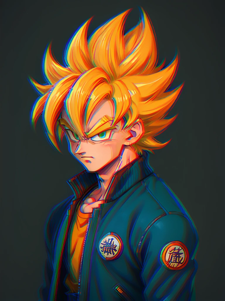 1man, solo, (masterpiece), best quality, ultra-detailed, Son Goku from Dragon Ball Z, super saiyan hair, yellow hair, Retro style, full body. fashion cloth, blue jacket, orange shirt, fancy, portrait, upper body, face detail, eyes detail: 1.3, simple background, green eyes, orange shirt,(white background)
