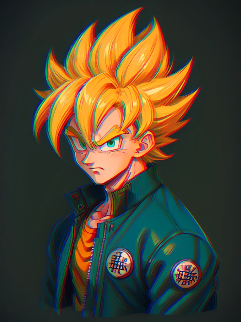 1man, solo, (masterpiece), best quality, ultra-detailed, Son Goku from Dragon Ball Z, super saiyan hair, yellow hair, Retro style, full body. fashion cloth, blue jacket, orange shirt, fancy, portrait, upper body, face detail, eyes detail: 1.3, simple background, green eyes, orange shirt,(white background)
