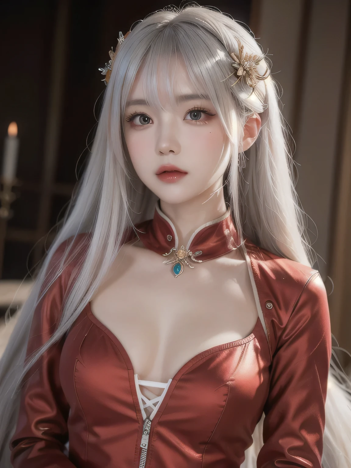 ((best quality)), ((masterpiece)),,((ultra-detailed)), extremely detailed CG, , (an extremely delicate and beautiful), 1girl, solo, ((cute face)),(beautiful detailed eyes), red eyes,white hair, shiny hair, colored inner hair,Ice rose,Ice hair ornaments,adorns,, [ice crystal],, crystal,((floating hair)), ((caustic)),((disheveled hair))"((best quality)), ((masterpiece)), ((ultra-detailed)), extremely detailed CG, (a serene and elegant), 1girl, solo, full body view, ((cute face)), (beautiful detailed eyes)((best quality))((best quality)), ((masterpiece)), ((ultra-detailed)), This piece should be an extremely detailed CG artwork, a true masterpiece showcasing a single AI girl model in all her glory. We'll focus on a full body view, highlighting her cute face with stunning, detailed eyes that capture both beauty and a hint of mystery. Her white hair shines brilliantly, with cool-toned pastel highlights (ice rose or a similar shade) peeking through for a captivating contrast. Delicate ice crystal hair ornaments adorn her locks, some strands floating ethereally, shimmering with an icy light, while others cascade down in a slightly disheveled manner, adding a touch of dynamism to the pose.

The girl exudes confidence and smoldering allure as she strikes a dynamic, seductive pose. She's clad in a crimson passion dragon-themed suit, a conversation starter in itself. The deep, vibrant red is accented with sleek black and shimmering gold, the fabric flowing and clinging to her curves with intricate, scale-like patterns that enhance her figure. Fiery red flames burst strategically from the suit, illuminating her with an aura of fierce passion.

The backdrop for this captivating scene is a dramatic, fiery sunset. The sky blazes with vibrant hues, casting a warm glow over a rugged coastline. This fiery scene perfectly complements the passionate energy emanating from the girl and her dragon-themed attire. The overall atmosphere should be intensely passionate and alluring, drawing t