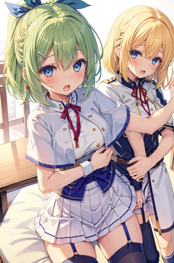 nsfw,((One man and one woman,Having sex)),riding on top of a naked man,四つん這い,((gangbang,3boys)),Ahegao,rumia tingel, blonde hair, blue eyes, capelet, garter straps, green ribbon, hair ornament, hairclip, medium hair, red ribbon, , single glove, suspenders, thighhighs, white shirt, white skirt, (simple background:1.1),