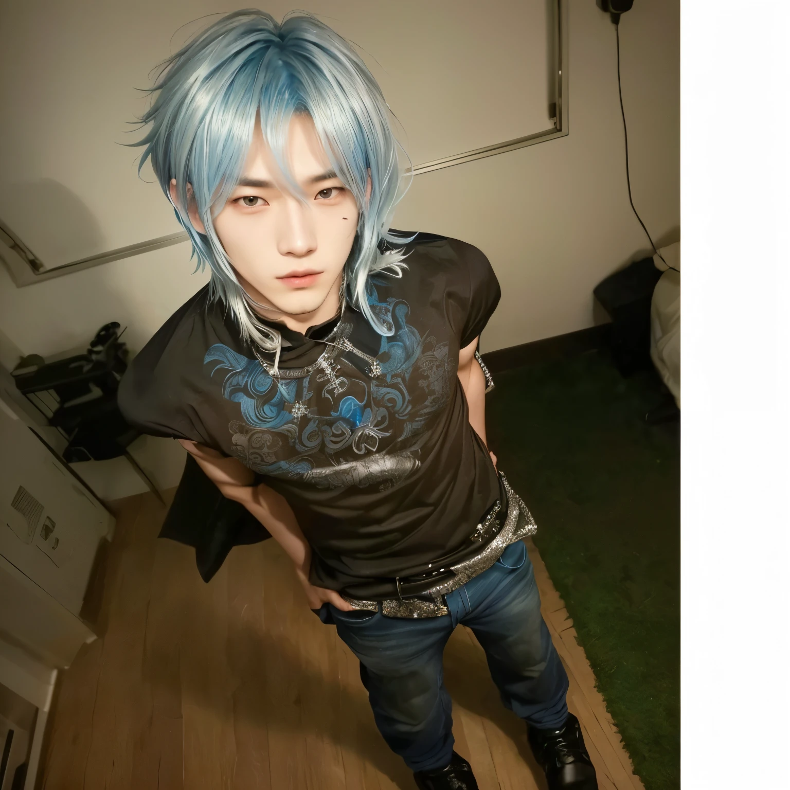 Arafed image of a boy with blue hair and brown shirt., handsome japanese demon boy, wicked ulzzang, with long white hair, profile picture, animated style only, with short hair, silver color, profile picture, the hime cut, It's Junji's style, xqc, Ken Kaneki, Kaneki-ken, animated style