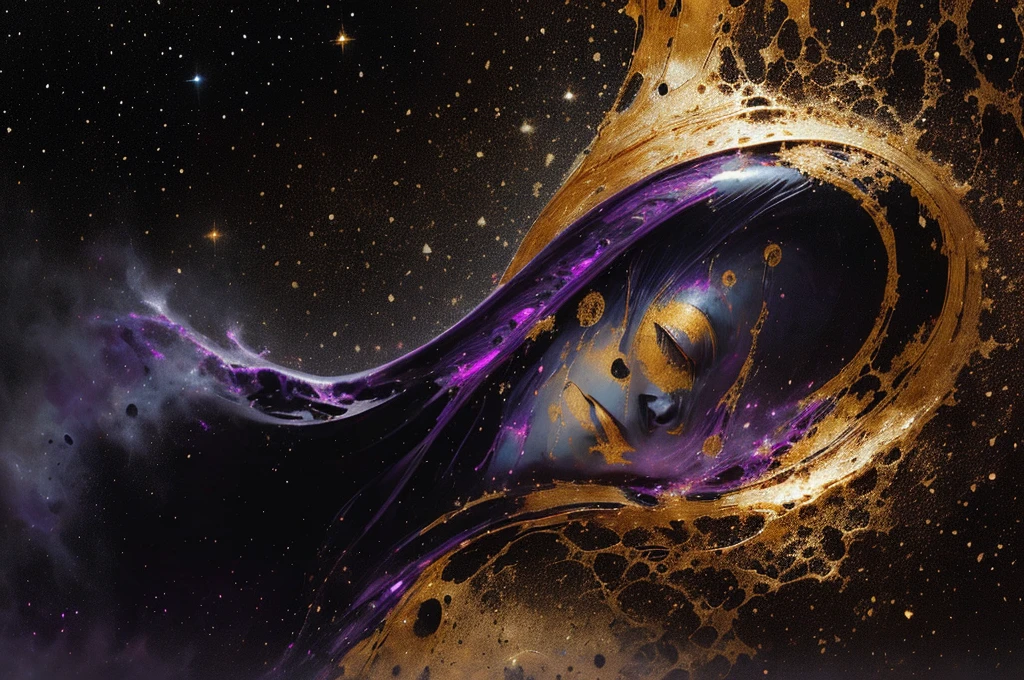 (body, formed by purple-colored galactic liquid and black metallic paint, forming a beautiful interpretation of the female figure.), natural,((complex galactic metallic colors in the foreground)), (( fluid mechanics, the most beautiful smooth face makeup, Grinning facial expression)) - red, black and gold, Onyxia, metallic color palette g0s1