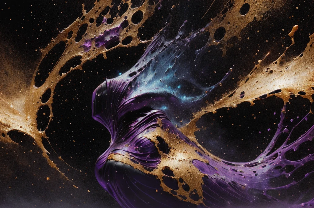 (body, formed by purple-colored galactic liquid and black metallic paint, forming a beautiful interpretation of the female figure.), natural,((complex galactic metallic colors in the foreground)), (( fluid mechanics, the most beautiful smooth face makeup, Grinning facial expression)) - red, black and gold, Onyxia, metallic color palette g0s1