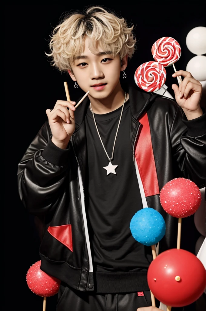 Bang chan from stray kids with a star-shaped lollipop on a black background 