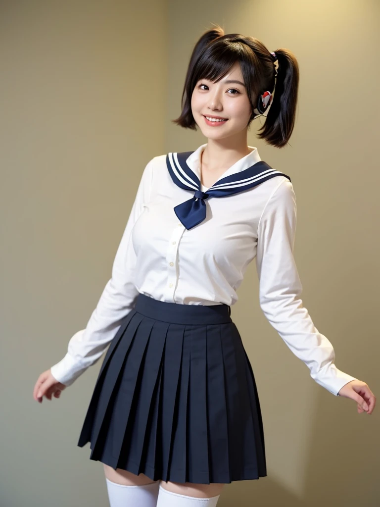 best quality, masterpiece, realistic, photorealistic, 1girl, solo, looking at viewer, smile, standing, full body, arms at side, cosplay, BLACK hair, twintails, hair ornament, very short hair, headphones, alternate costume, , sailor collar, shirt, long sleeves, necktie, skirt, pleated skirt, white thighhighs, loafers, simple background, Japanese women、24-years-old、The background is a pure white room